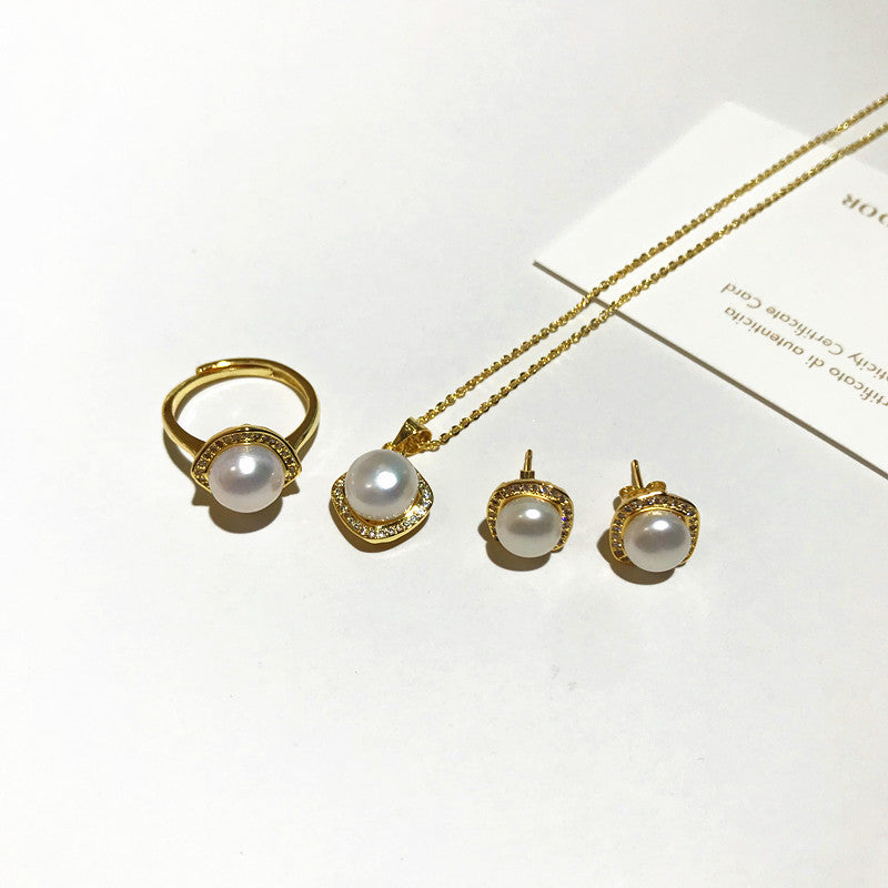 Natural Pearl Jewelry Set: Necklace, Earrings, Ring